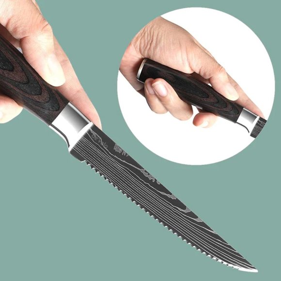 6 Piece Stainless Steel Damascus Patterned Steak Knife Set - Picture 3 of 4